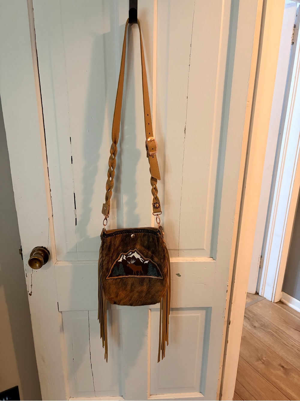 Handheld Fringe Crossbody Bag in Brown with Mountain Embroidery